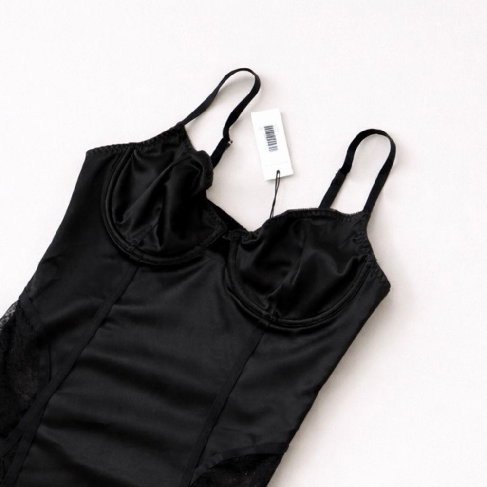 Kat The Label Lulu Black Satin & Mesh Garter Bodysuit | NWT |Size L